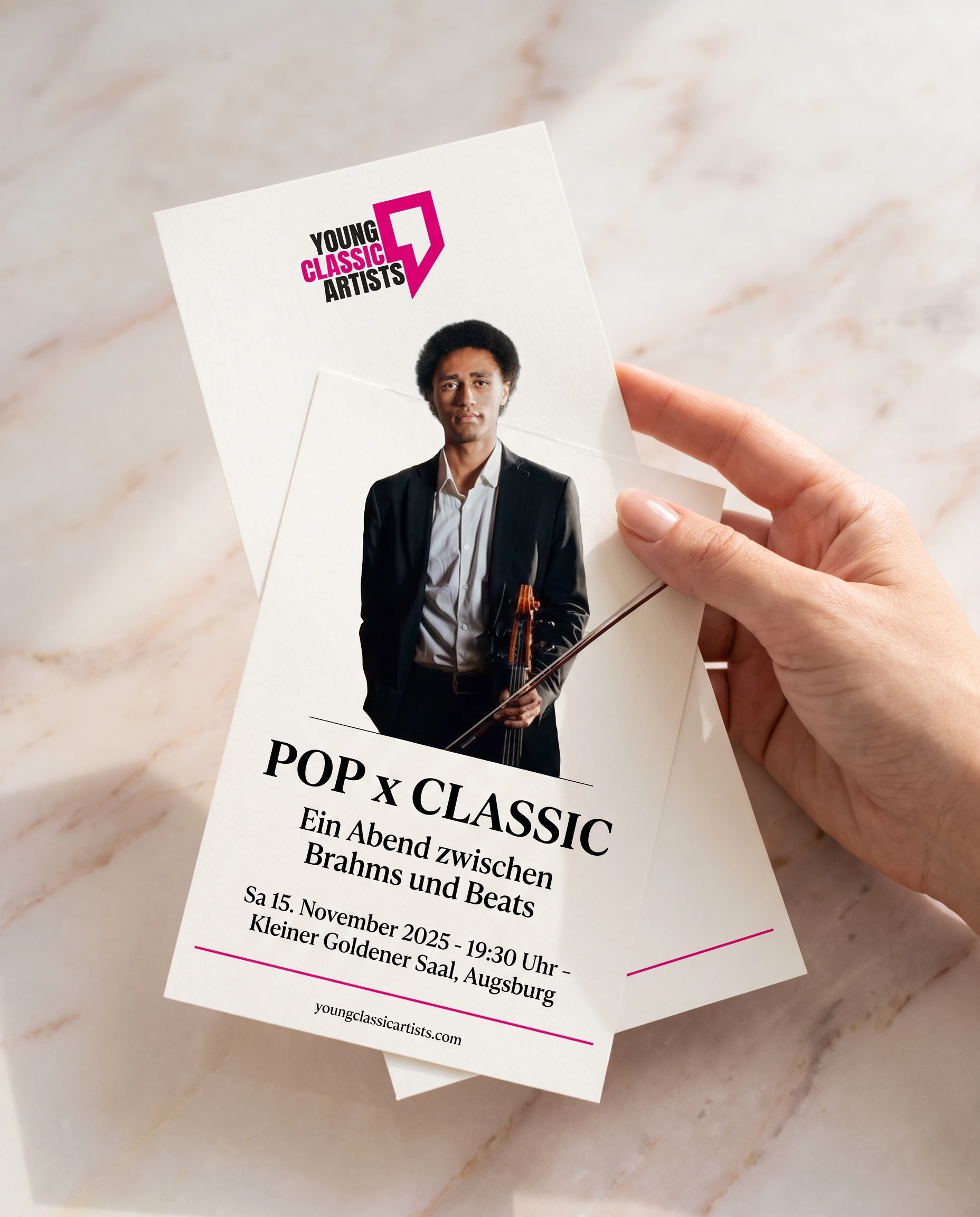 Konzertflyer von Young Classic Artists für den Abend POP x CLASSIC