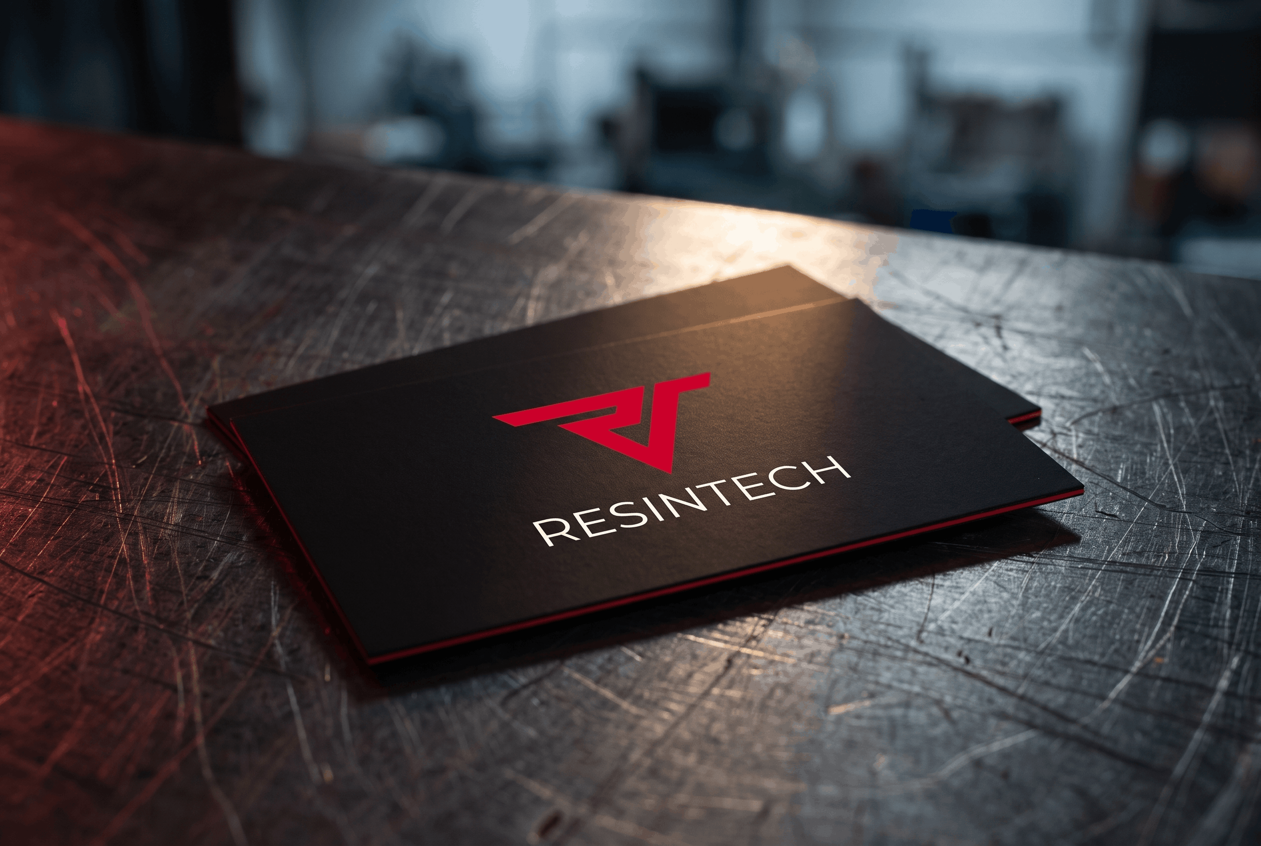 Visitenkarte mit dem Resintech-Logo auf Metalluntergrund