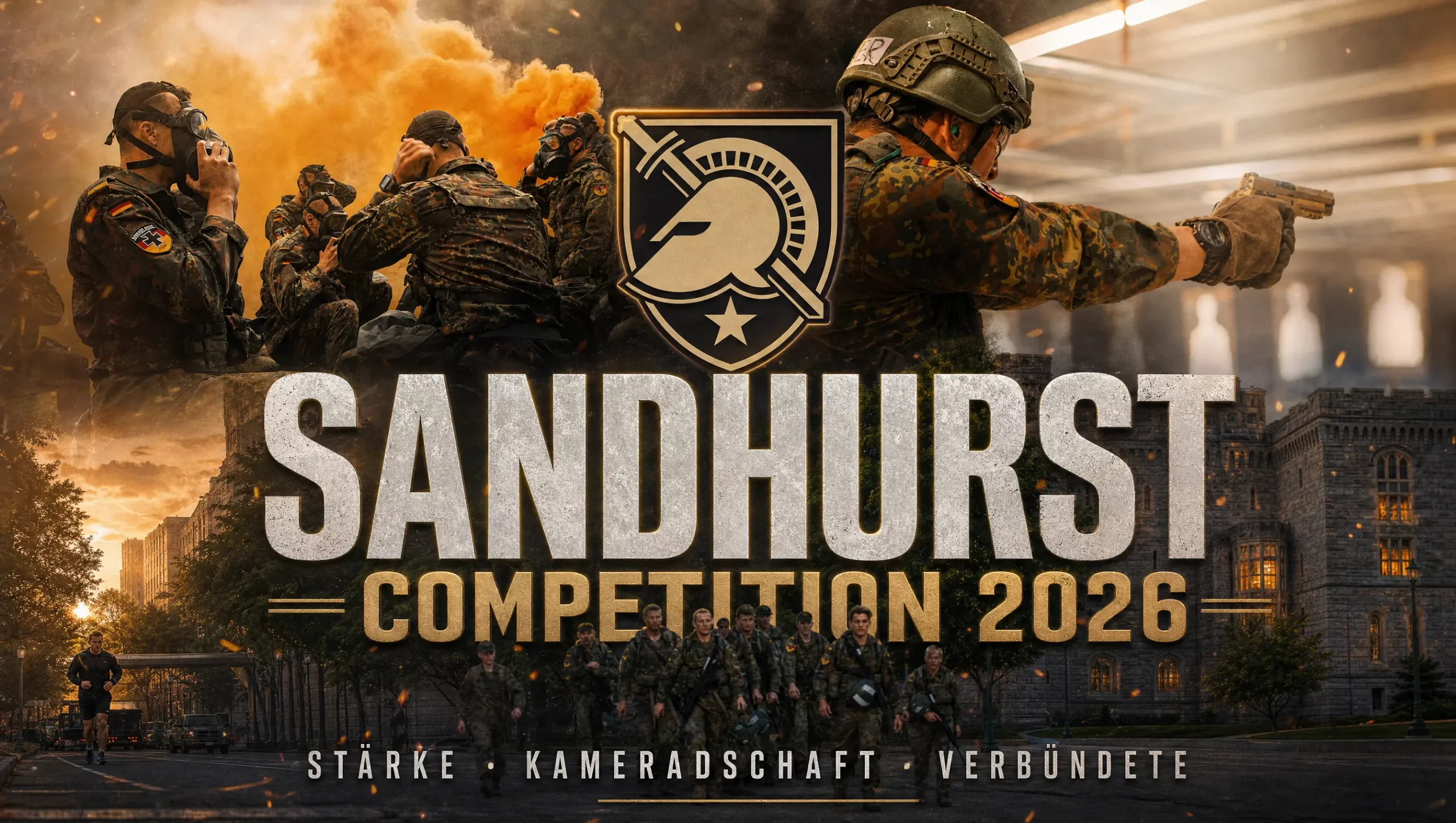 Titelgrafik der Sandhurst Competition 2026 mit Soldaten im Gelände und dem Schriftzug Stärke, Kameradschaft, Verbündete