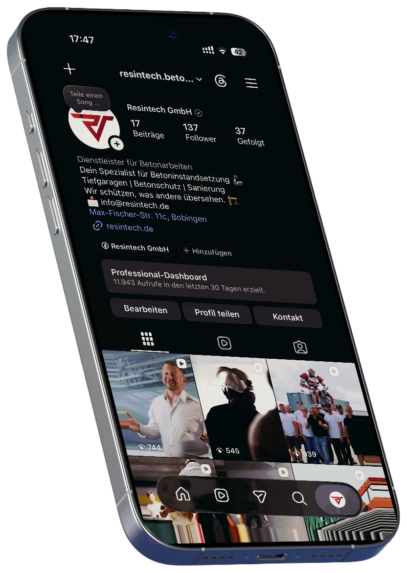 Instagram Profil von Resintech Betoninstandsetzung auf einem Smartphone