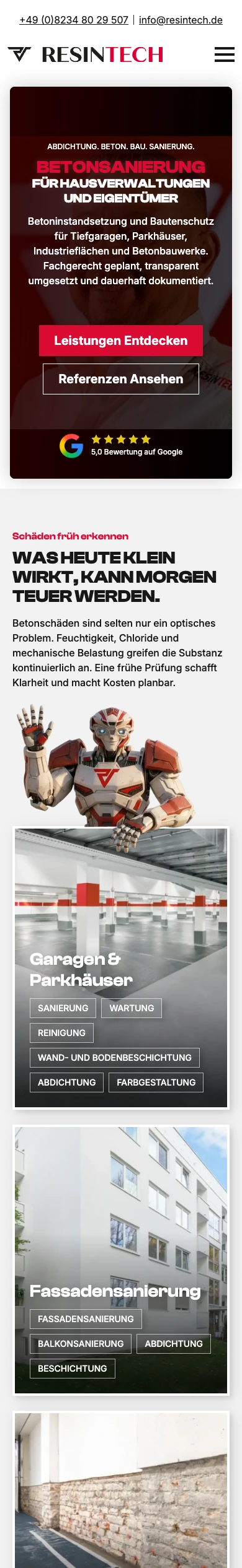 Startseite von resintech.de auf dem Smartphone