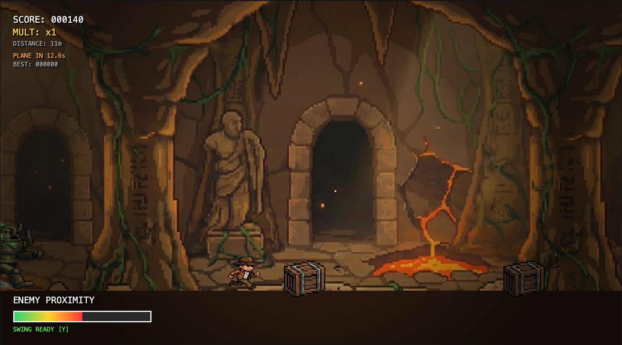 Szene aus dem Browserspiel Shadows of Atlantis Runner: Figur mit Hut läuft durch eine Tempelhalle mit Statue und Lava
