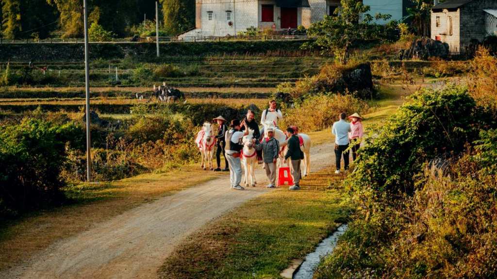 Gruppe auf einem Dorfweg in Cao Bang im Abendlicht, aufgenommen während einer Auslandsproduktion in Vietnam