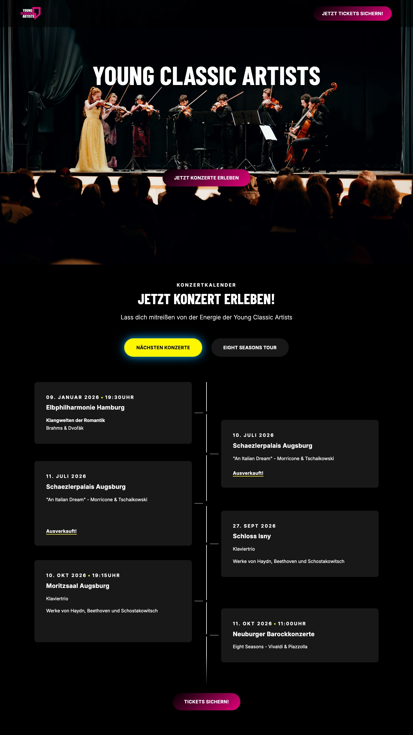 Startseite von youngclassicartists.com im Desktop-Browser