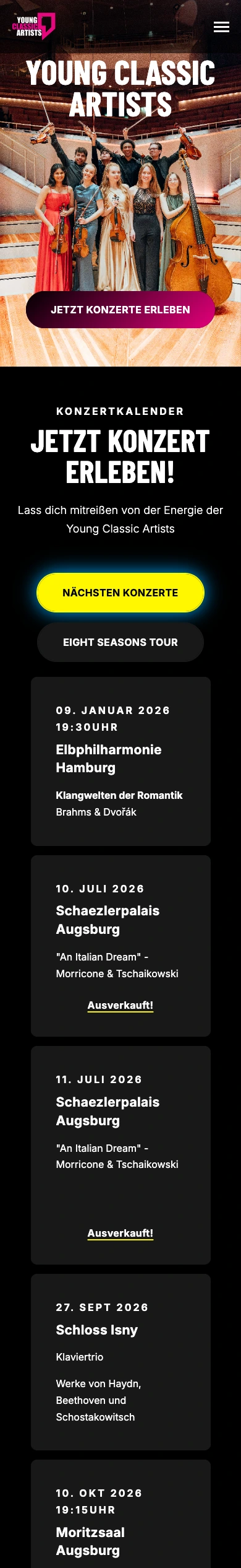 Startseite von youngclassicartists.com auf dem Smartphone
